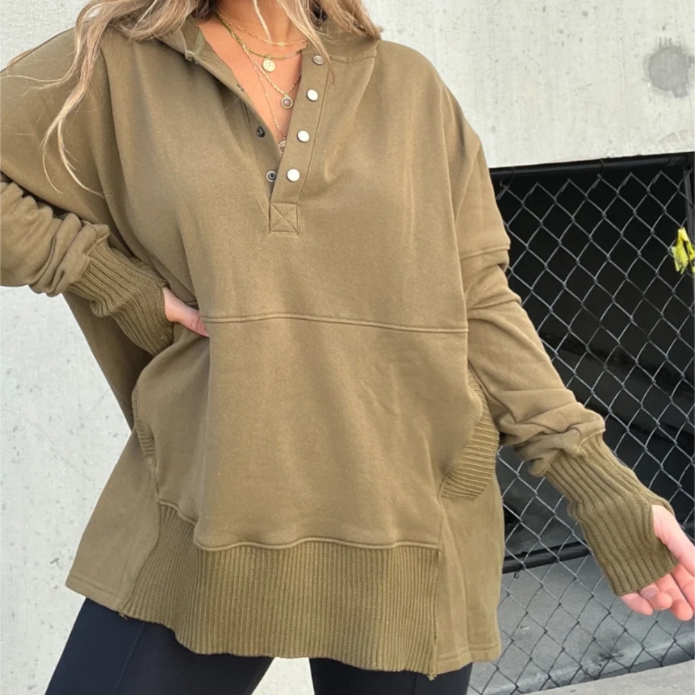 BUCKETLIST Olive Green Button-Placket Oversized Sweater